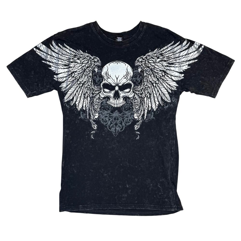 Social Collision Graphic T-Shirt Mens Skull & Wings Size S Gothic Top